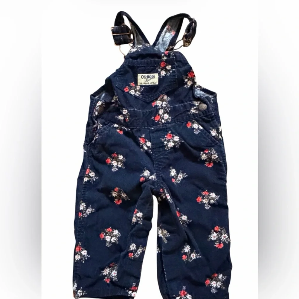 OshKosh B'gosh Navy corduroy Floral Kids Overalls vintage size 9 month
